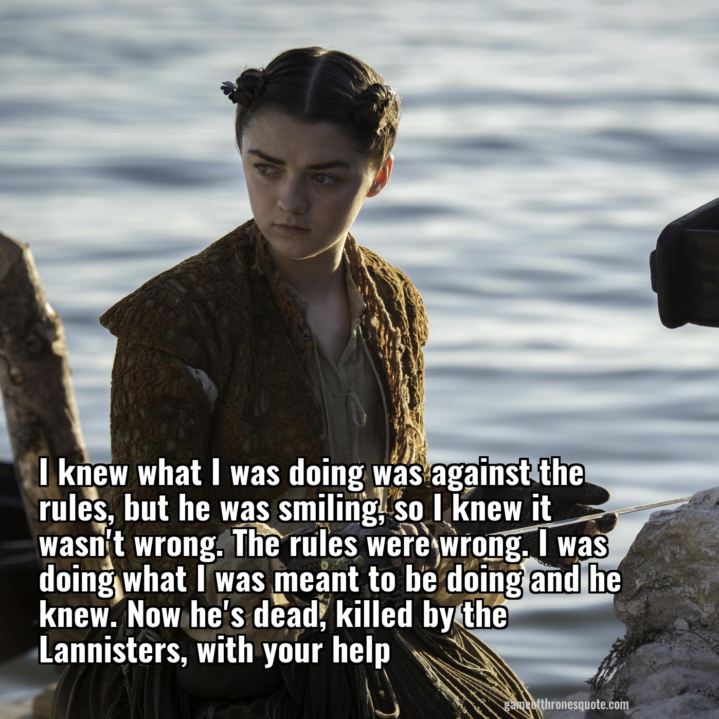 I knew what I was doing was against the rules, but he was smiling, so I knew it wasn't wrong. The rules were wrong. I was doing what I was meant to be doing and he knew. Now he's dead, killed by the Lannisters, with your help